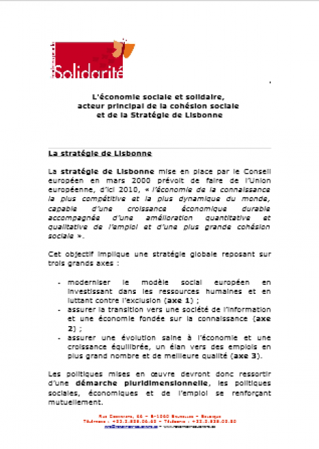 image couverture L'économie sociale et solidaire, acteur principal de la cohésion soc iale et de la Stratégie de Lisbonne